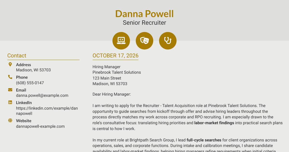7 Recruiter - Talent Acquisition Cover Letter Templates with Example