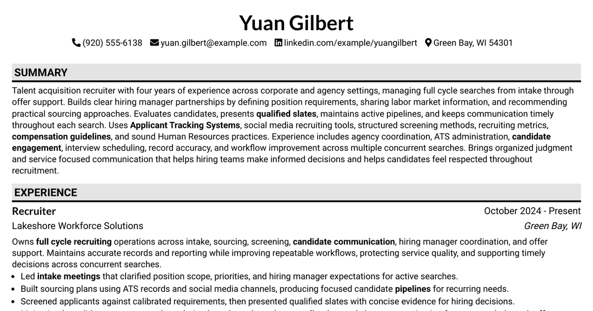 33 Recruiter - Talent Acquisition Delivery Resume Templates with Example 2026 (ATS-Optimized)