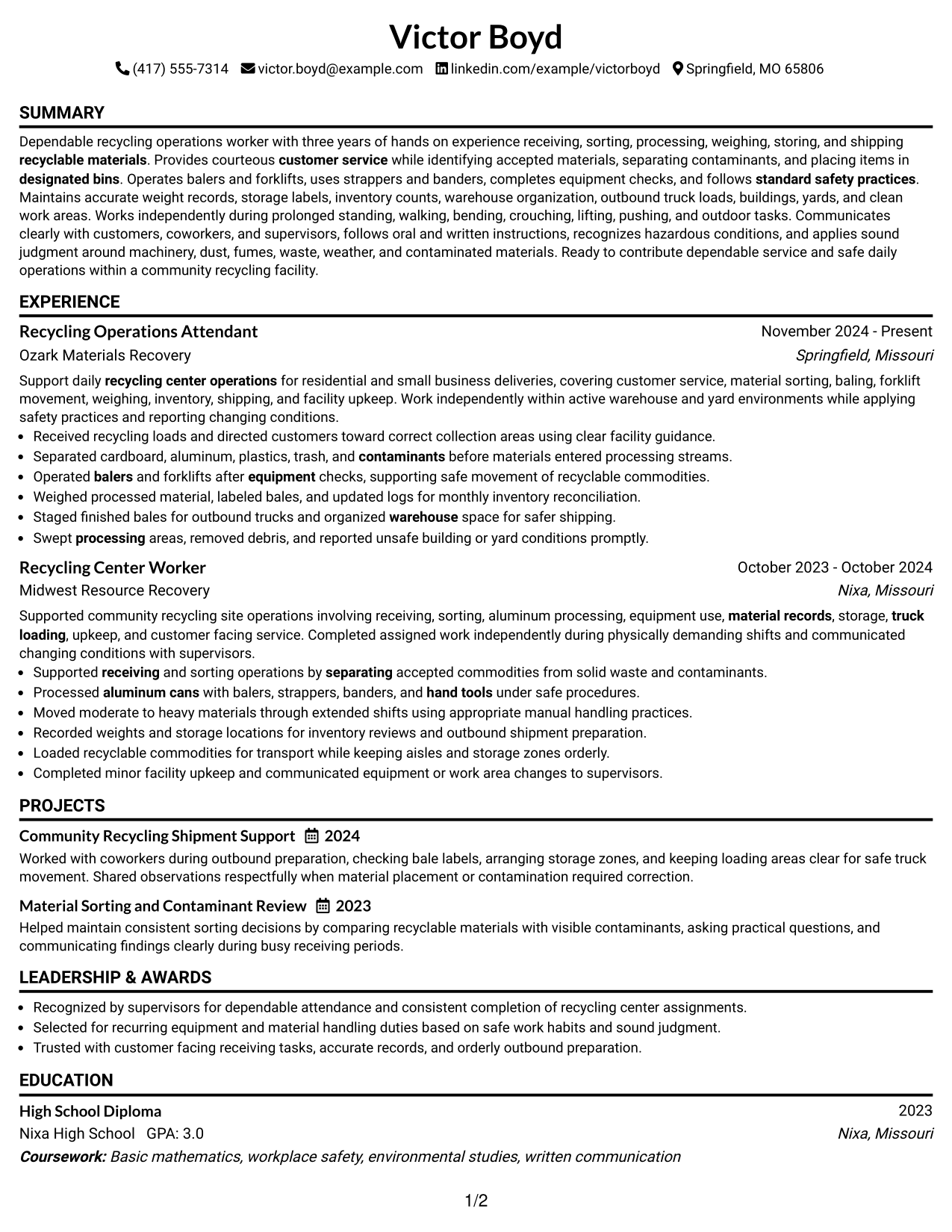 Resume Example Page 1