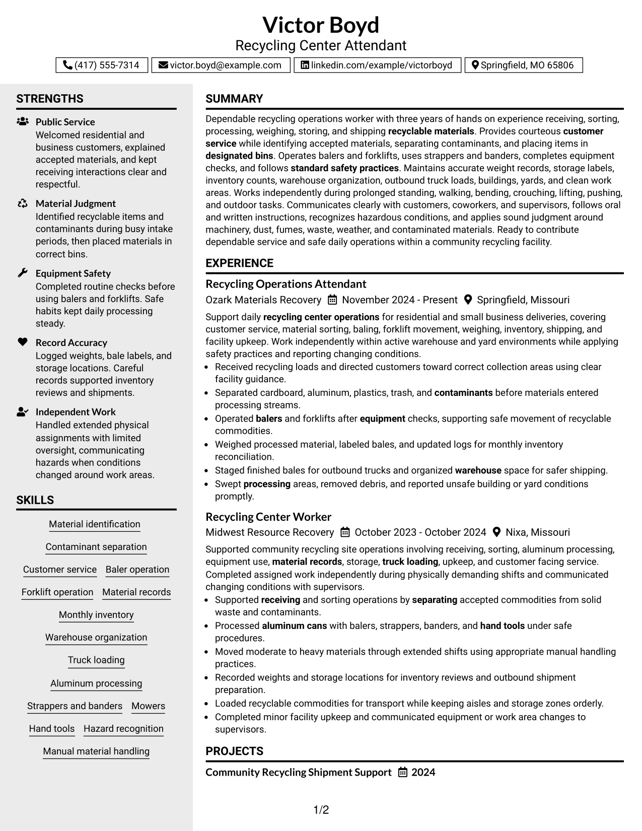 Resume Example Page 1