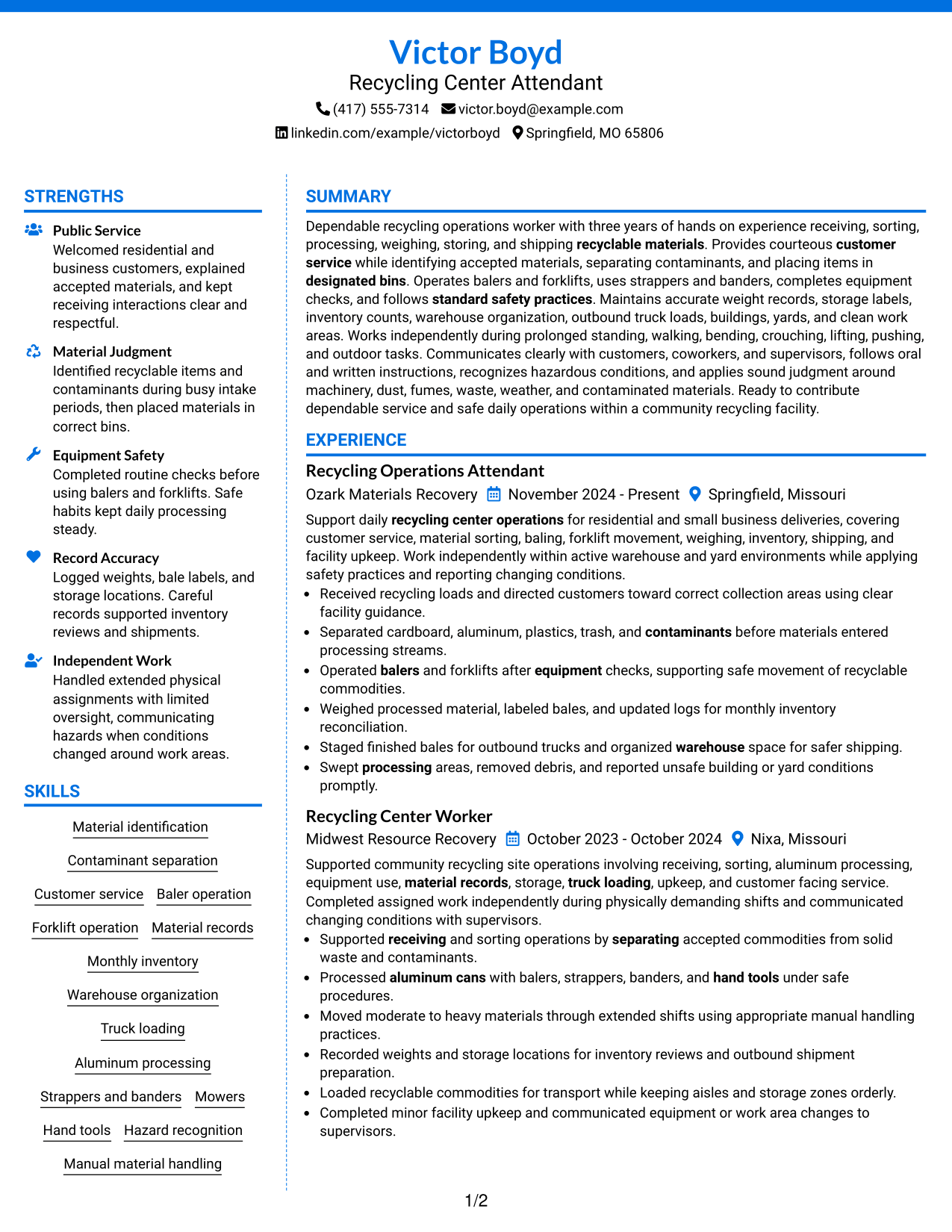 Resume Example Page 1