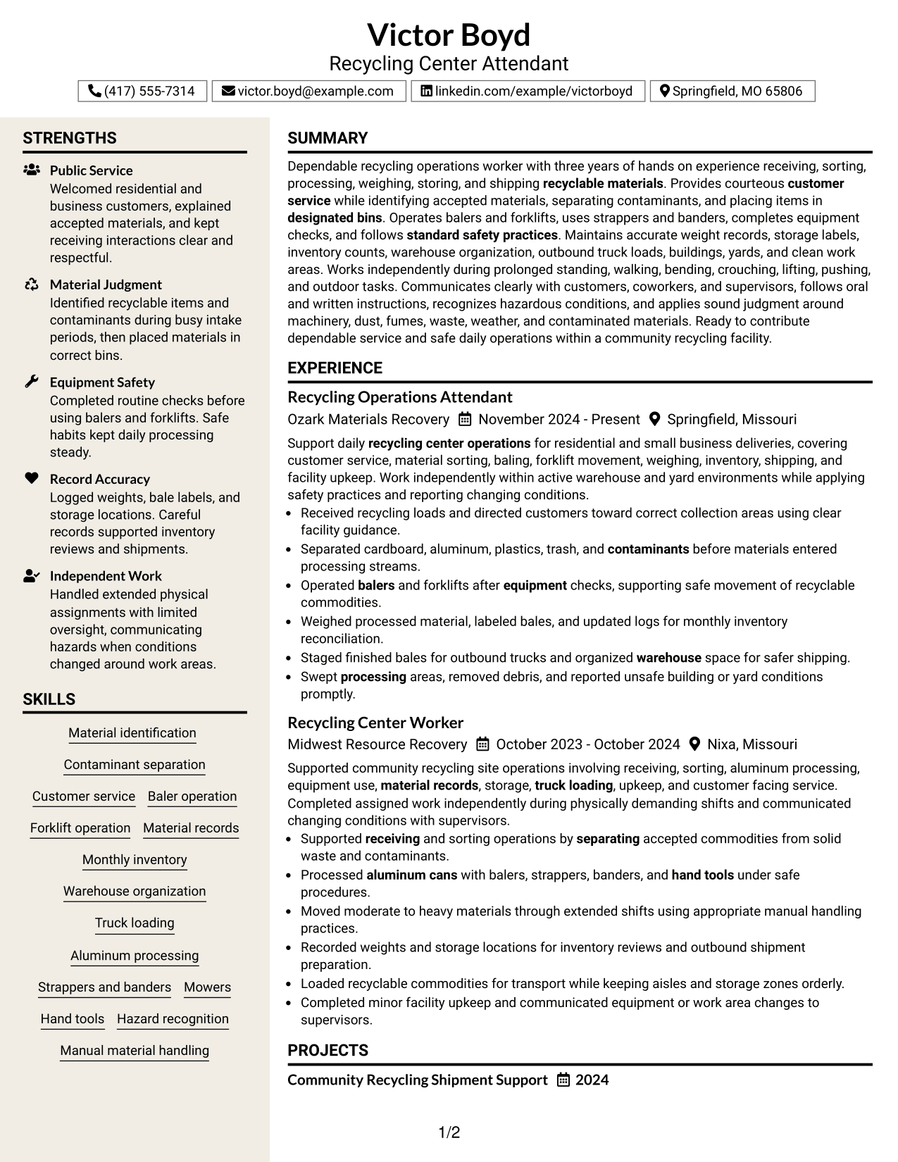 Resume Example Page 1