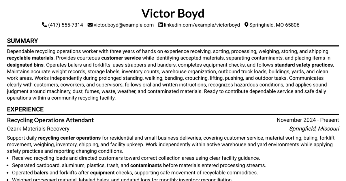 7 Recycle Center Attendant Resume Templates with Example