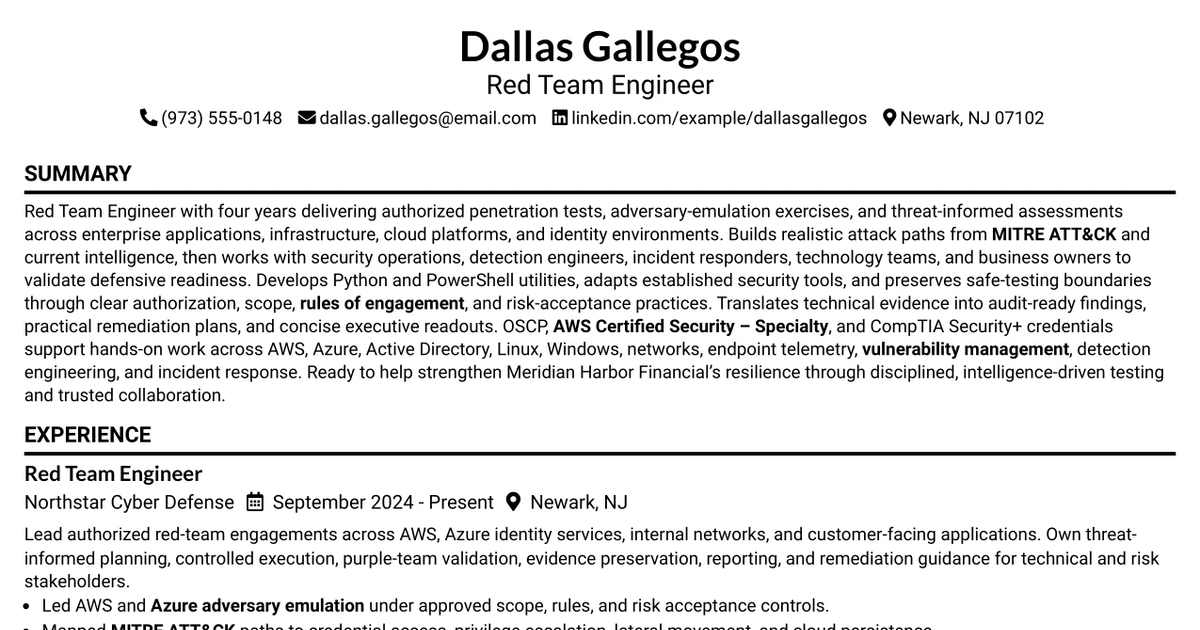 33 Red Team Engineer Resume Templates with Example 2026 (ATS-Optimized)