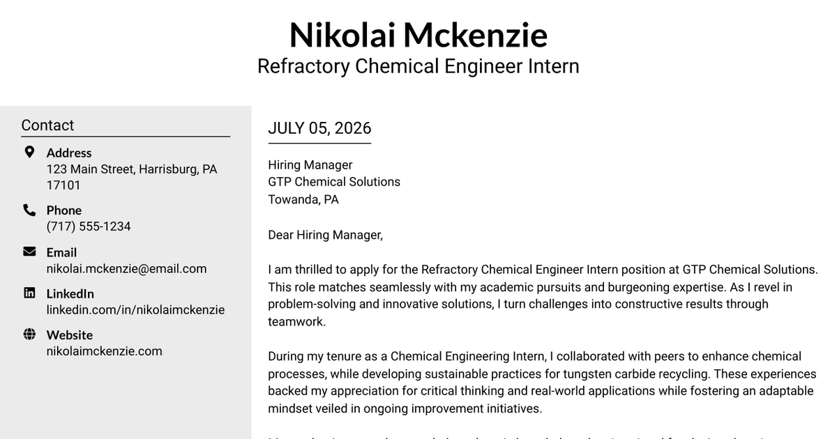 30+ Refractory Chemical Engineer Intern Cover Letter Templates with Example 2026