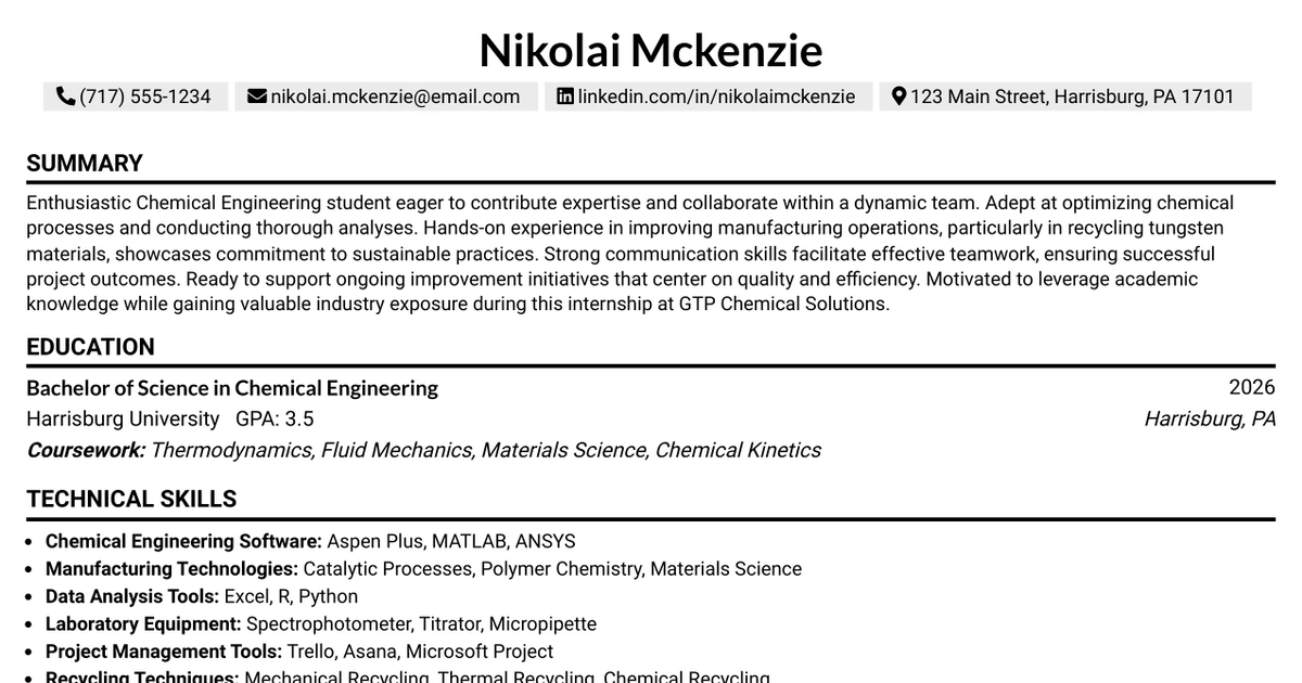 33 Refractory Chemical Engineer Intern Resume Templates with Example 2026 (ATS-Optimized)
