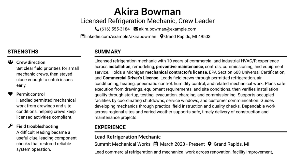 7 Refrigeration Mechanic - Licensed Resume Templates with Example