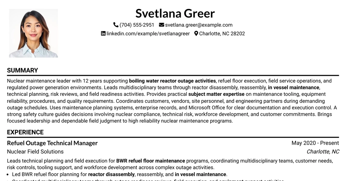 33 Refuel Floor Technical Director - Nuclear Maintenance Resume Templates with Example