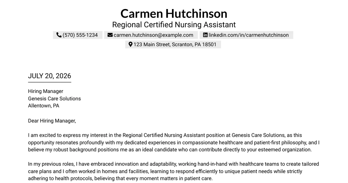 30+ Regional Certified Nursing Assistant Cover Letter Templates with Example 2026