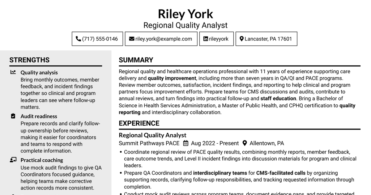 7 Regional Quality Analyst - PACE Quality Improvement Resume Templates with Example