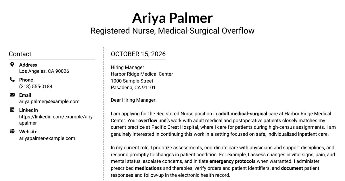 7 Registered Nurse - Adult Medical-Surgical Care Cover Letter Templates with Example