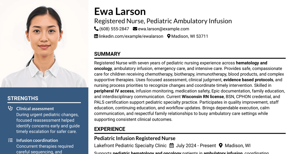 7 Registered Nurse - Ambulatory Care Services (Pediatric Infusion) Resume Templates with Example