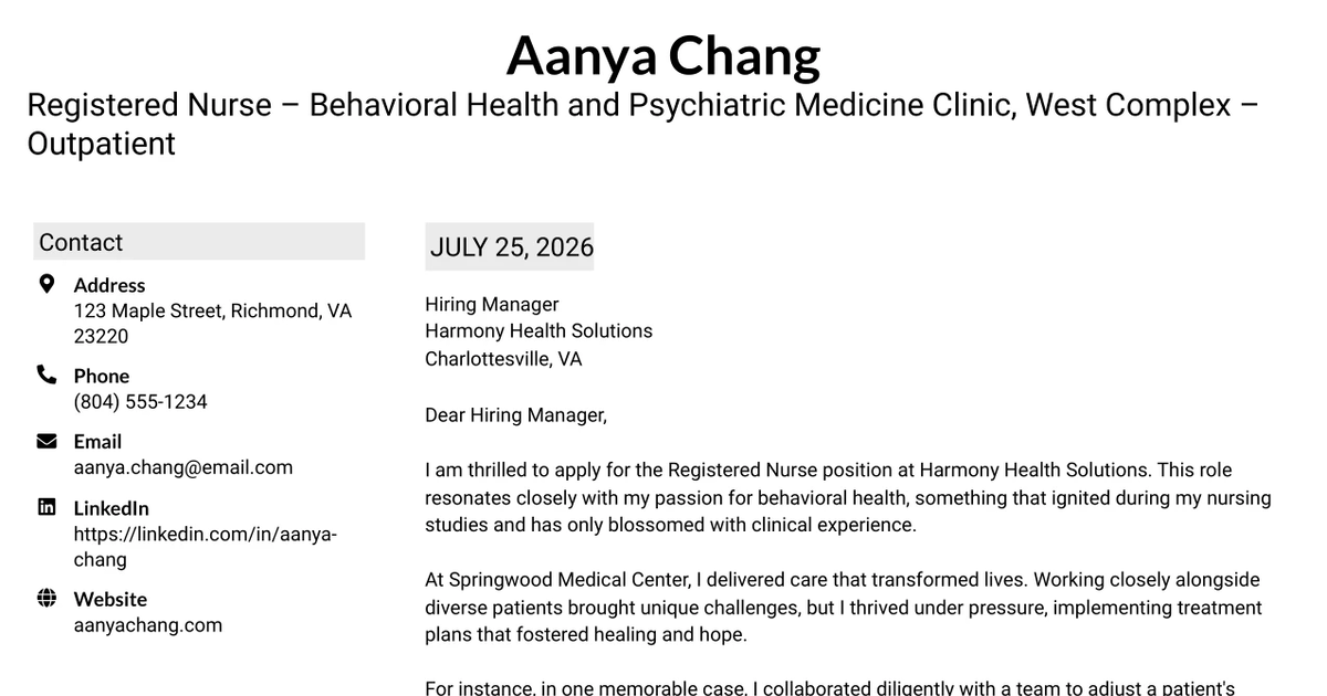 30+ Registered Nurse – Behavioral Health and Psychiatric Medicine Clinic, West Complex – Outpatient Cover Letter Templates with Example 2026