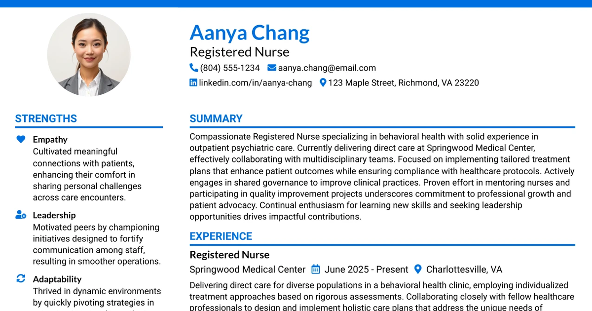 33 Registered Nurse – Behavioral Health and Psychiatric Medicine Clinic, West Complex – Outpatient Resume Templates with Example 2026 (ATS-Optimized)
