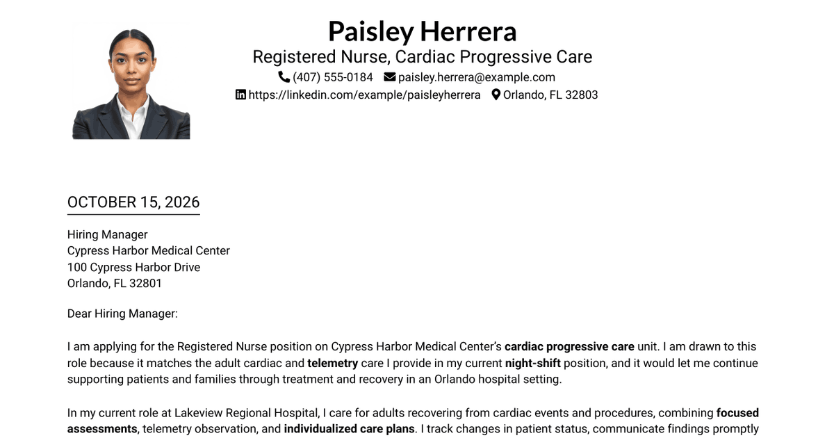 7 Registered Nurse - Cardiac Progressive Care Cover Letter Templates with Example
