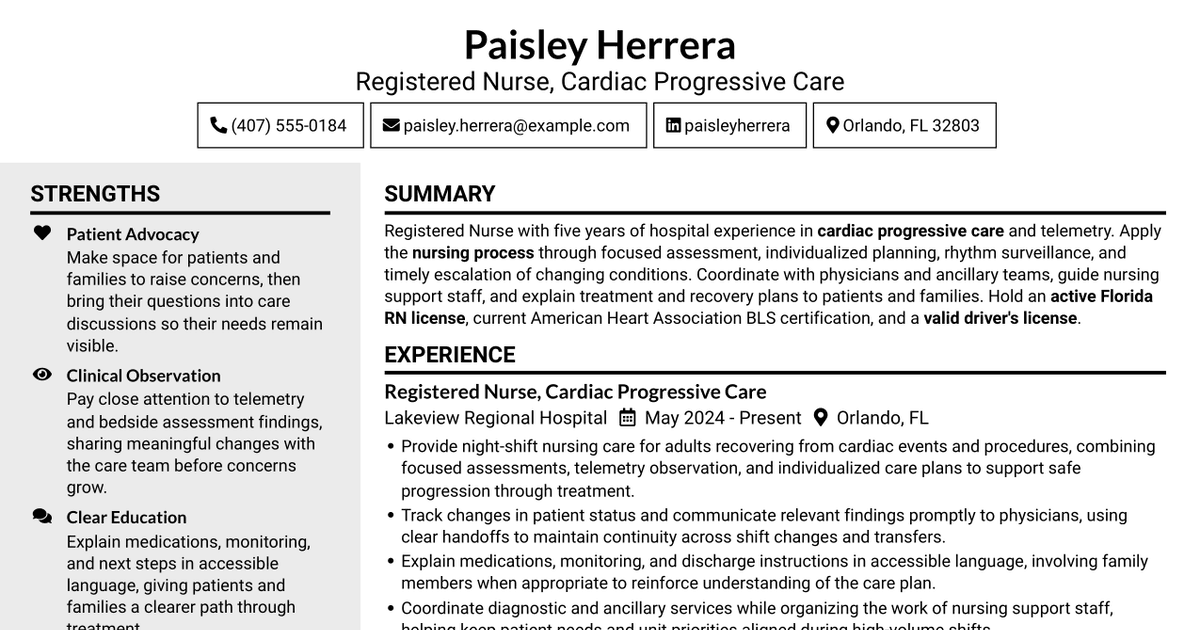 7 Registered Nurse - Cardiac Progressive Care Resume Templates with Example