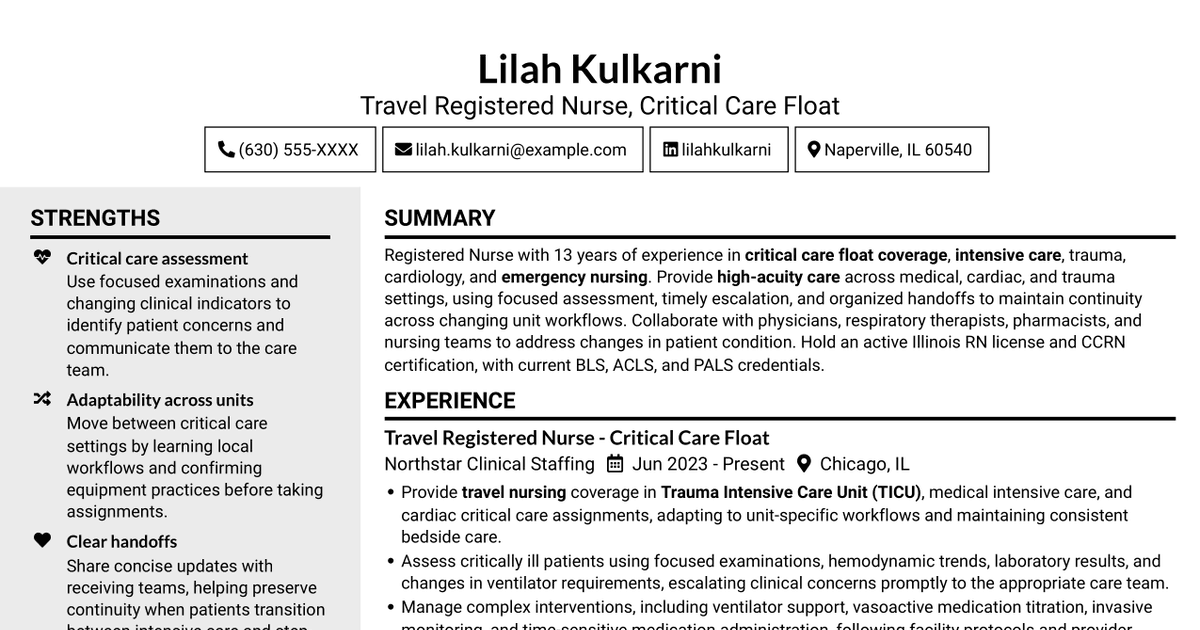 7 Registered Nurse - Critical Care Float Resume Templates with Example