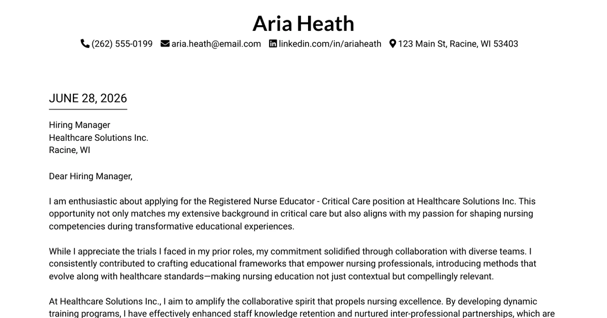 30+ Registered Nurse Educator - Critical Care Cover Letter Templates with Example 2026