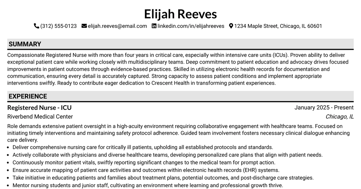 33 Registered Nurse - Full Time - Intensive Care Unit (ICU) Resume Templates with Example 2026