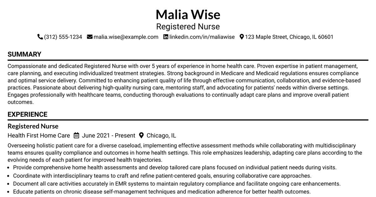 33 Registered Nurse - Home Health Care Resume Templates with Example 2026