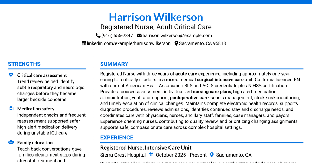 7 Registered Nurse II/III - Adult Critical Care Resume Templates with Example