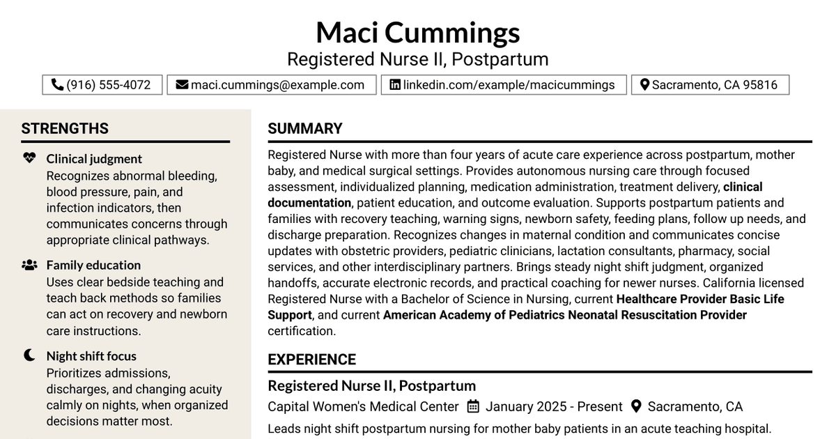 7 Registered Nurse II - Postpartum Resume Templates with Example