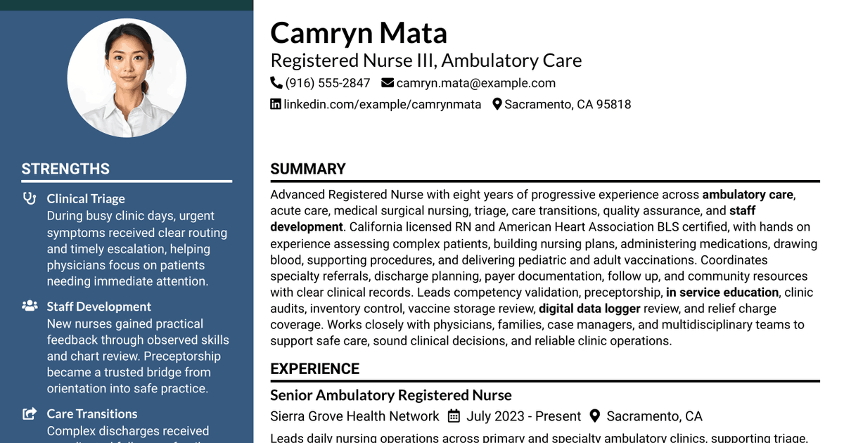 7 Registered Nurse III - Ambulatory Care Resume Templates with Example