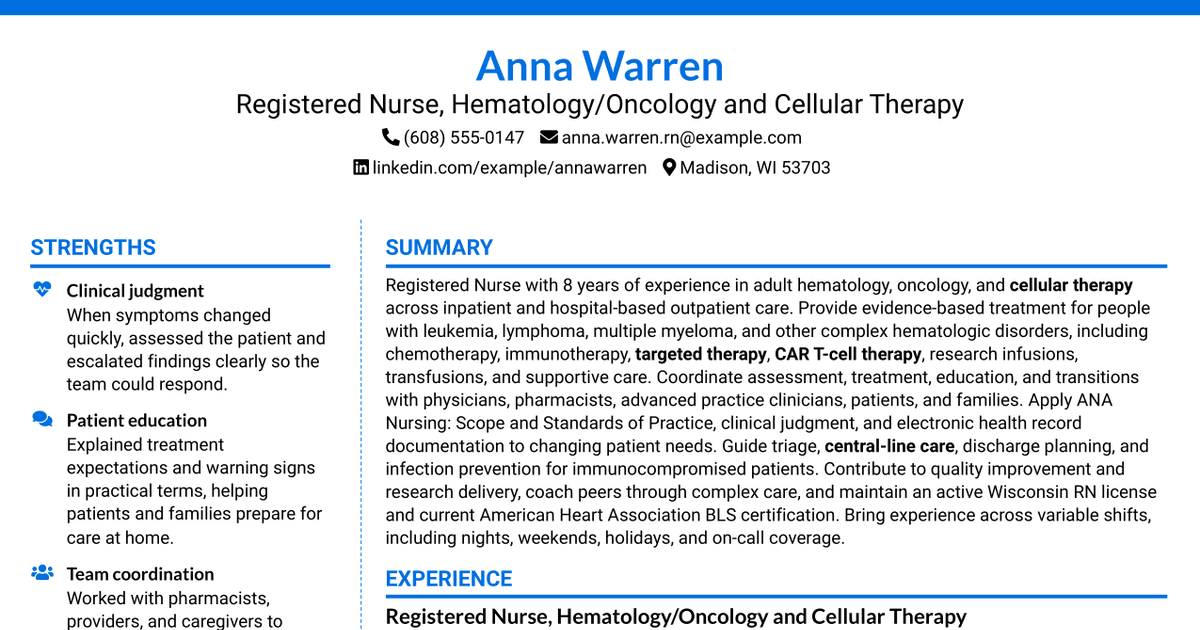 7 Registered Nurse - Inpatient Hematology/Oncology/Cellular Therapy Resume Templates with Example