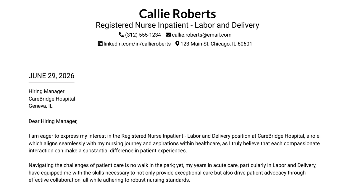 30+ Registered Nurse Inpatient - Labor and Delivery Cover Letter Templates with Example 2026