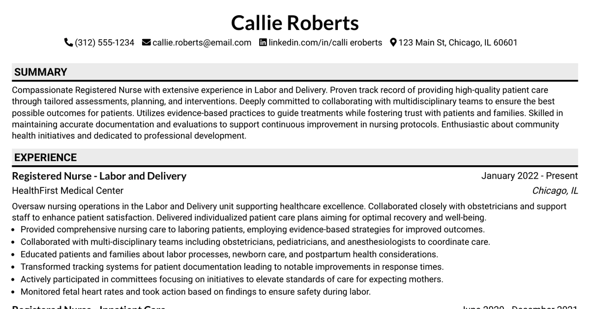 33 Registered Nurse Inpatient - Labor and Delivery Resume Templates with Example 2026 (ATS-Optimized)