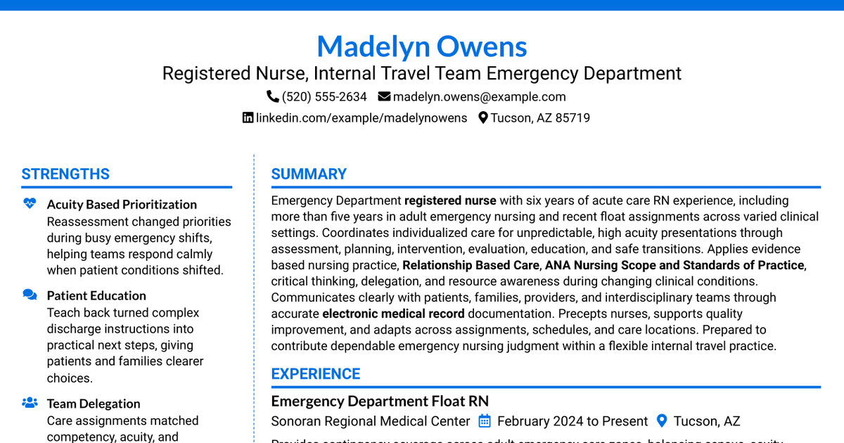 7 Registered Nurse - Internal Travel Team ED Resume Templates with Example