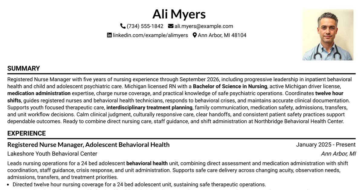 33 Registered Nurse Manager 12 - Child Adolescent Psychiatry Resume Templates with Example 2026 (ATS-Optimized)