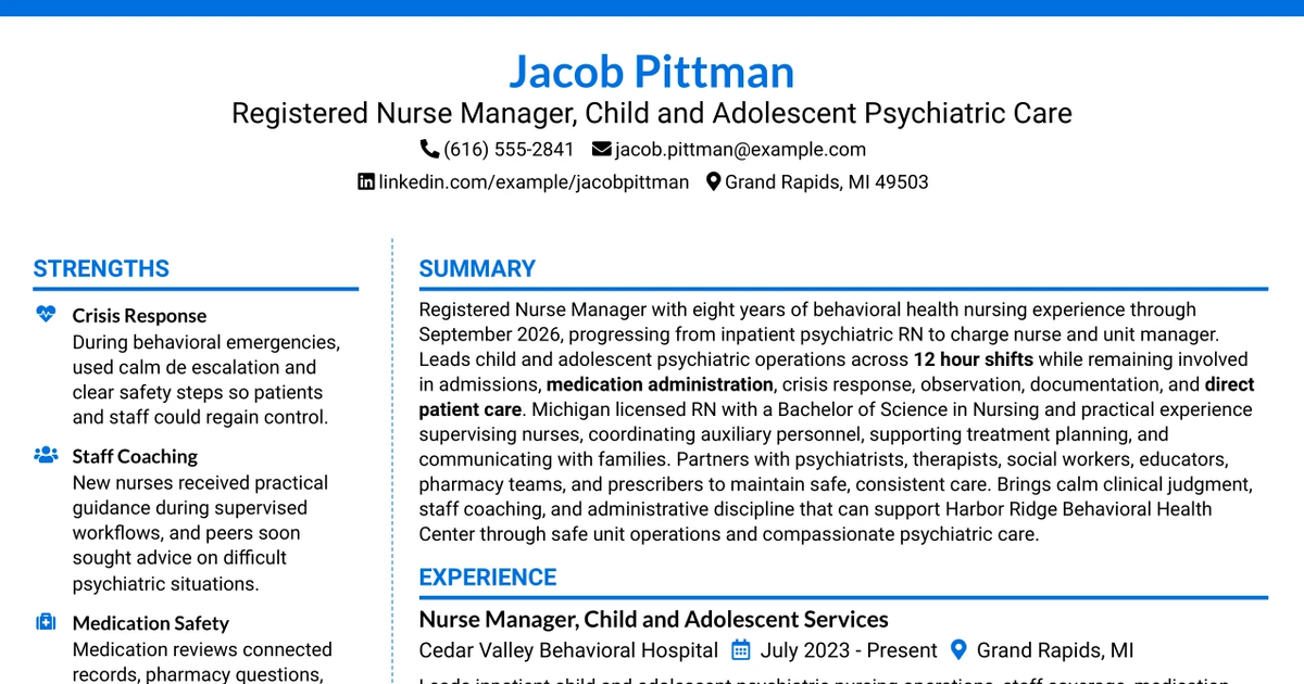 33 Registered Nurse Manager - Child and Adolescent Psychiatric Care Resume Templates with Example 2026 (ATS-Optimized)