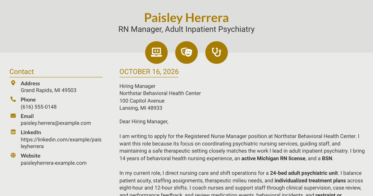 7 Registered Nurse Manager - Psychiatric Nursing Cover Letter Templates with Example