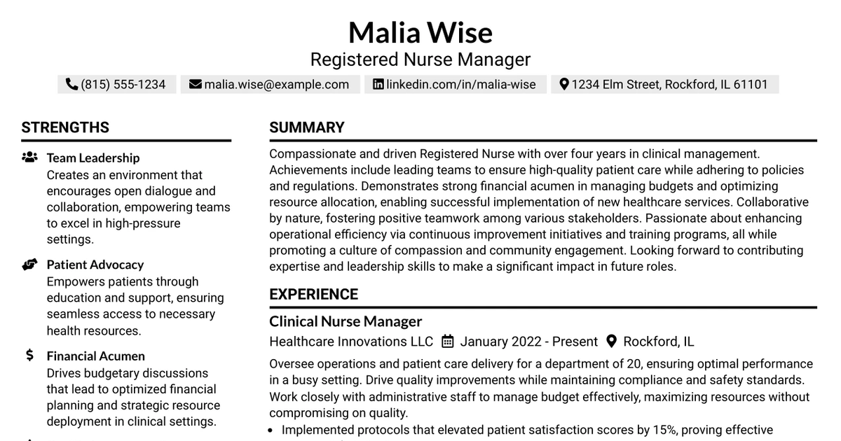 33 Registered Nurse Manager Resume Templates with Example 2026 (ATS-Optimized)