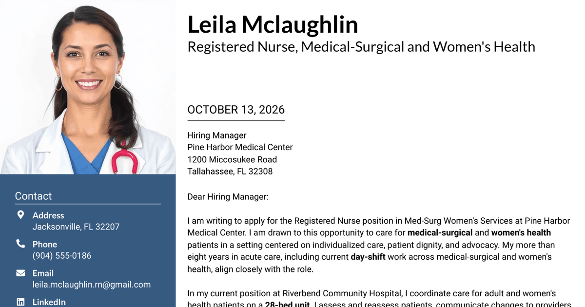 7 Registered Nurse - Med-Surg Women's Services Cover Letter Templates with Example
