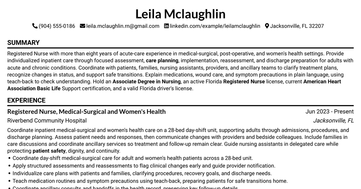 7 Registered Nurse - Med-Surg Women's Services Resume Templates with Example