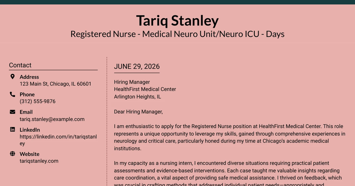 30+ Registered Nurse - Medical Neuro Unit/Neuro ICU - Days Cover Letter Templates with Example 2026