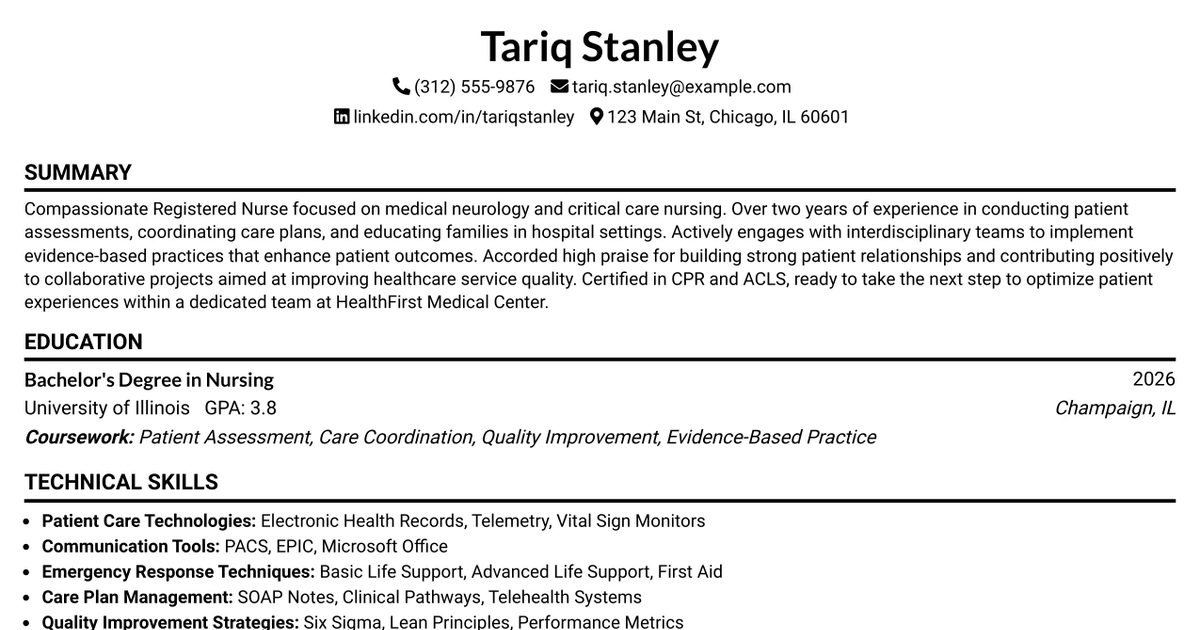 33 Registered Nurse - Medical Neuro Unit/Neuro ICU - Days Resume Templates with Example 2026 (ATS-Optimized)