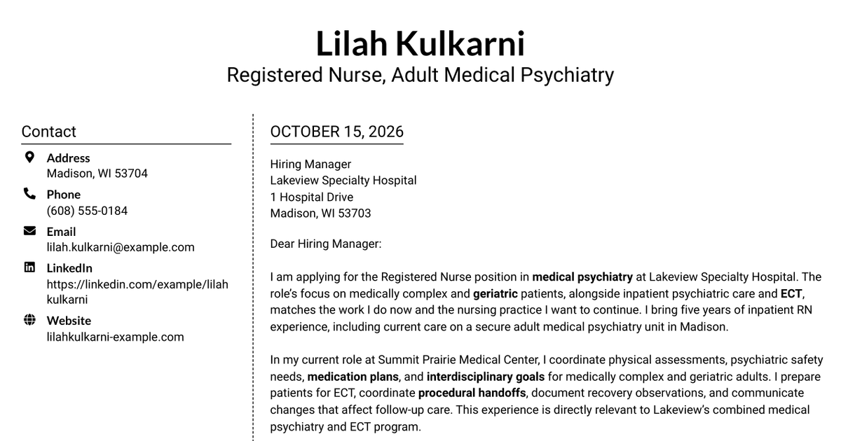 7 Registered Nurse - Medical Psychiatry (RN) Cover Letter Templates with Example