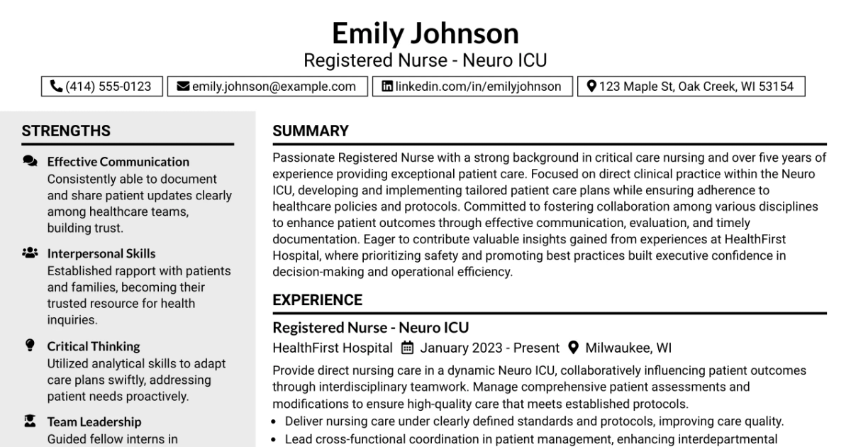 33 Registered Nurse - Neuro ICU Resume Templates with Example 2026 (ATS-Optimized)