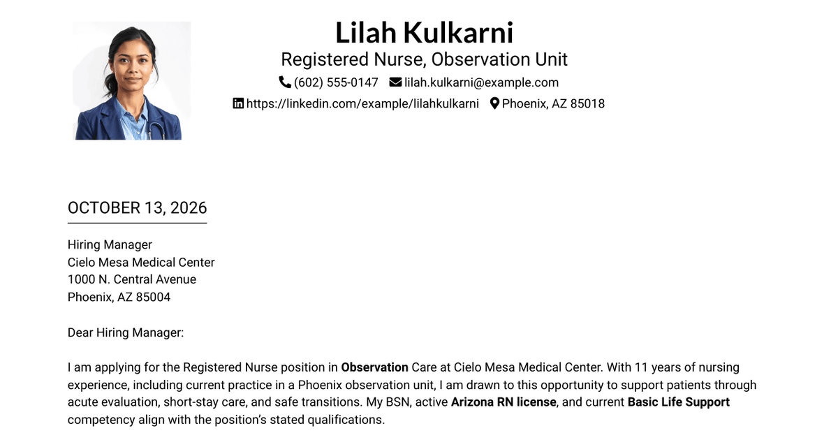 7 Registered Nurse - Observation Care Cover Letter Templates with Example