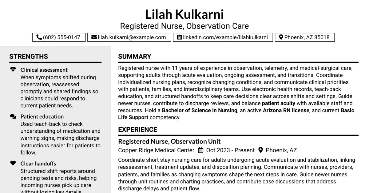 7 Registered Nurse - Observation Care Resume Templates with Example
