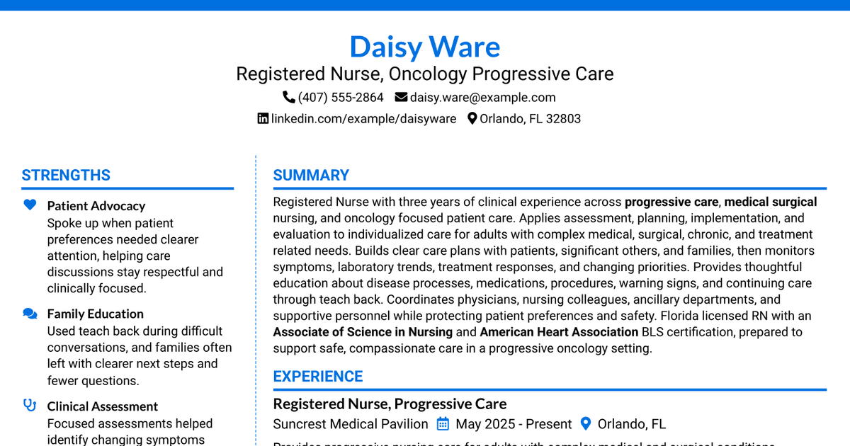 7 Registered Nurse - Oncology Progressive Care Resume Templates with Example