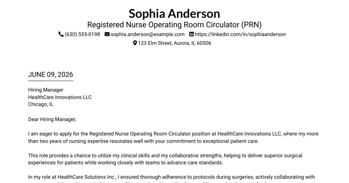 30+ Registered Nurse Operating Room Circulator (PRN) Cover Letter Templates with Example 2026