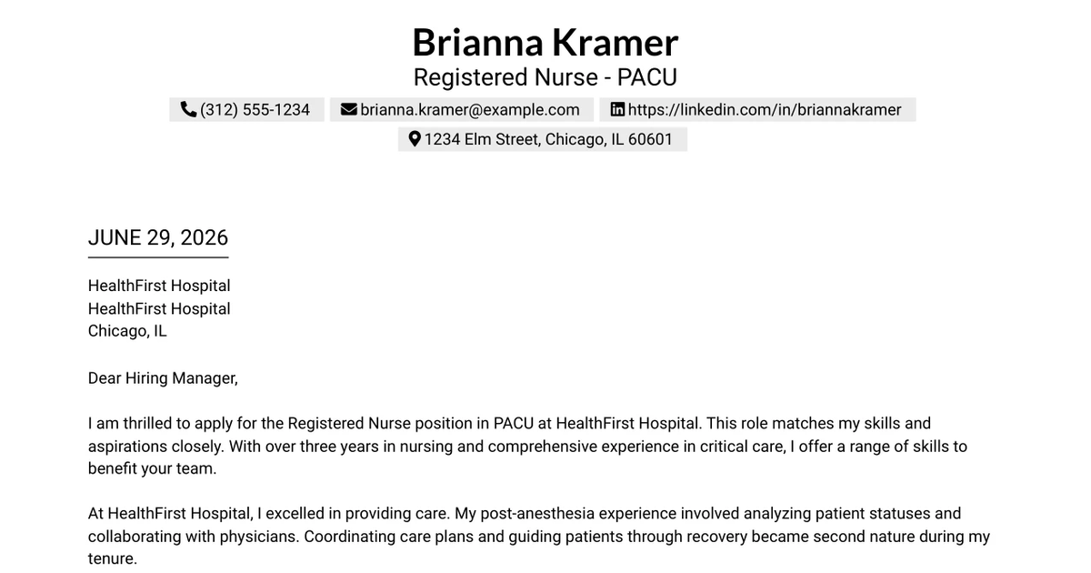 30+ Registered Nurse - PACU Cover Letter Templates with Example 2026