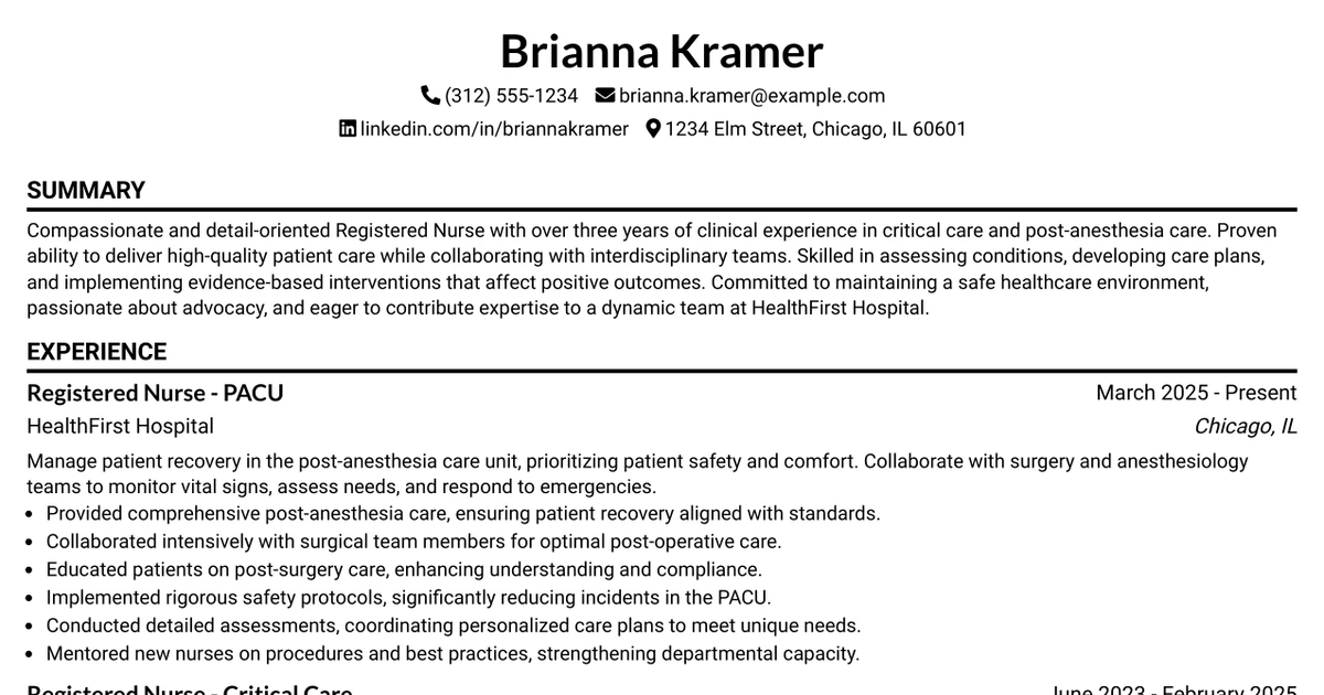 33 Registered Nurse - PACU Resume Templates with Example 2026 (ATS-Optimized)