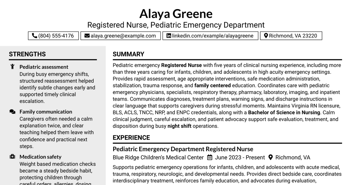 7 Registered Nurse - Pediatric Emergency Department Resume Templates with Example