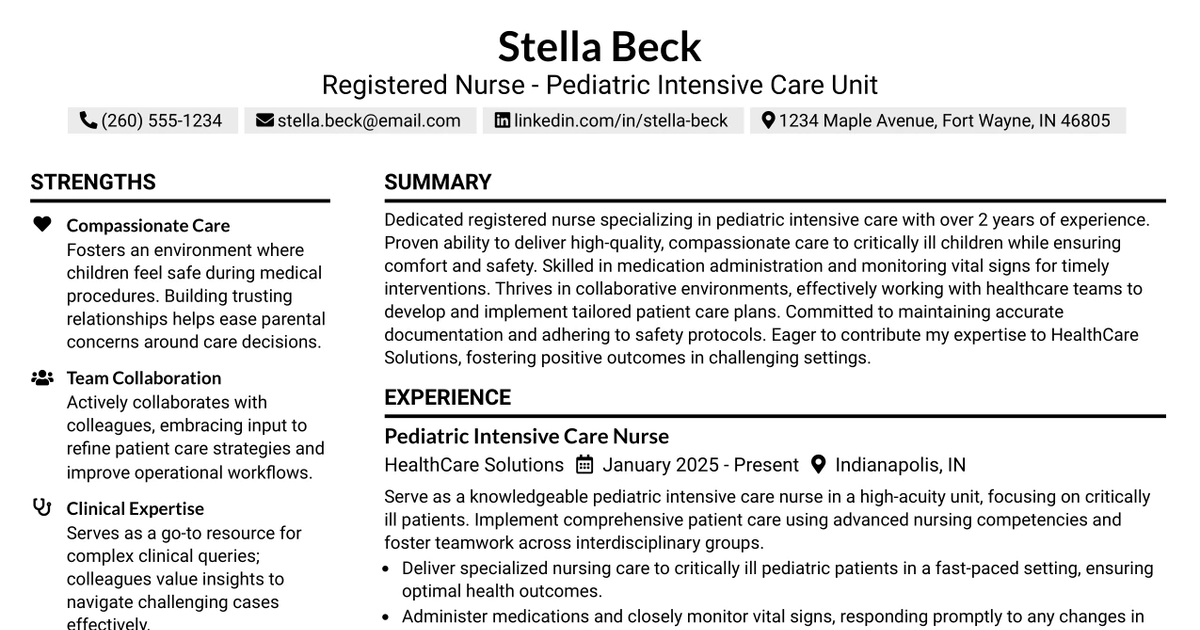 33 Registered Nurse - Pediatric Intensive Care Unit Resume Templates with Example 2026 (ATS-Optimized)