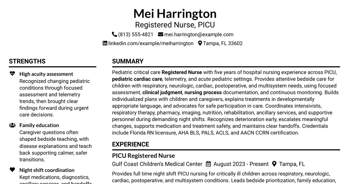 7 Registered Nurse - PICU Resume Templates with Example